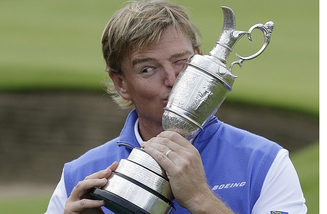 Ernie Els of South Africa kisses the Claret Jug after winning the British Open at Royal Lytham & St. Annes on Sunday in Lytham St. Annes, England.