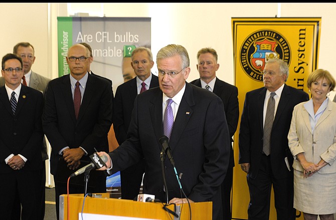 Gov. Jay Nixon speaks at a news conference in the Christopher S. Bond Life Sciences Center in Columbia to announce Westinghouse Electric Company's efforts to develop next generation Small Modular Nuclear Reactors in Missouri.