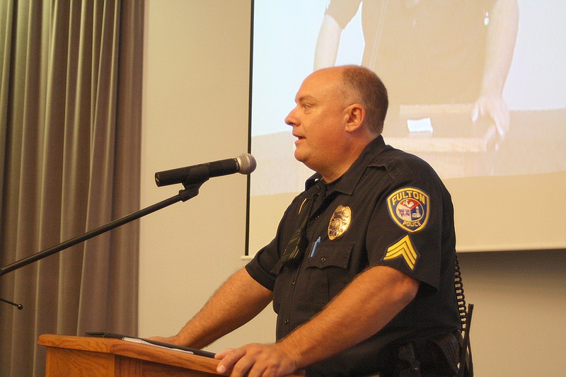 Sgt. Bill Ladwig with the Fulton Police Department welcomes community members to the HOPE (Heroin Overdose Prevention and Education) meeting at Fulton City Hall Thursday night. FPD officials said they organized the gathering to help ensure Fulton does not have the same issues with heroin that have been seen in other areas of central Missouri.