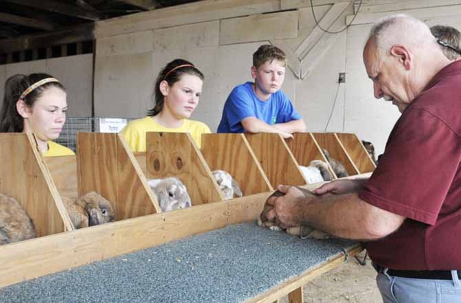 Steve Nadler, at right, explains to April, left, Amber, center, and Alec Krumm, what he seeks while judging their Holland Lops rabbits during Thursday night's Breeding Rabbit competition at the Jefferson City Jaycees Fair. At far right, listening and learning is Russellville High School FFA advisor, Jason Twenter. The Krumm siblings belong to the New Bloomfield Cruisers 4-H Club. 