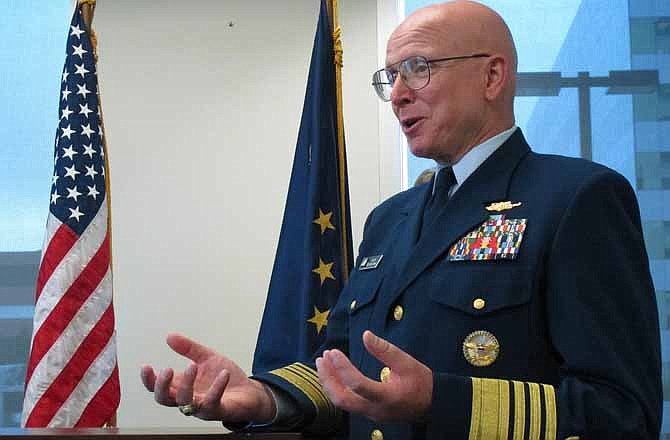 U.S. Coast Guard Adm. Robert Papp speaks during a news conference Wednesday Aug. 8, 2012, in Anchorage, Alaska. He said his agency is ready for Arctic offshore drilling and a worst-case scenario spill. He visited Alaska this week with Homeland Security Secretary Janet Napolitano.