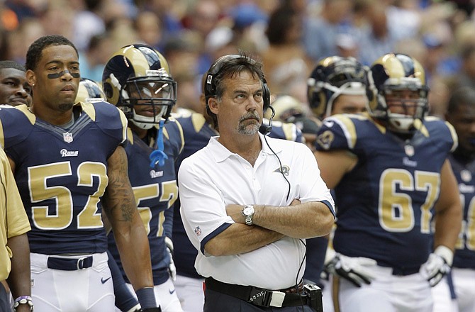 Rams head coach Jeff Fisher watches the action against the Indianapolis Colts on Sunday in Indianapolis. In a preseason matchup of 2-14 teams, the Rams were manhandled 38-3.