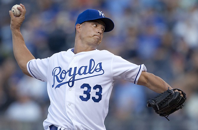 Royals pitcher Jeremy Guthrie pitches during Tuesday's game against the Athletics at Kauffman Stadium. Guthrie pitched seven shutout innings as the Royals won 5-0. 