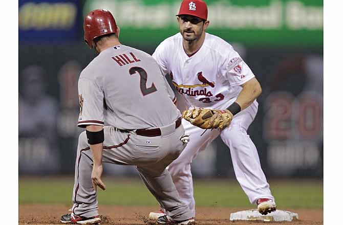 Arizona Diamondbacks' Aaron Hill (2) stops short as he tries to steal second, while St. Louis Cardinals second baseman Daniel Descalso waits to apply the tag in the fourth inning of a baseball game, Thursday, Aug. 16, 2012 in St. Louis. Hill was out. 