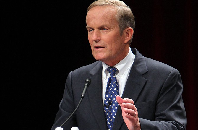 U.S. Rep. Todd Akin answers a question from the panel during a debate among Republican Senate candidate hopefuls at the Lindenwood University J. Scheidegger Center's Bezemes Family Theater in St. Charles.