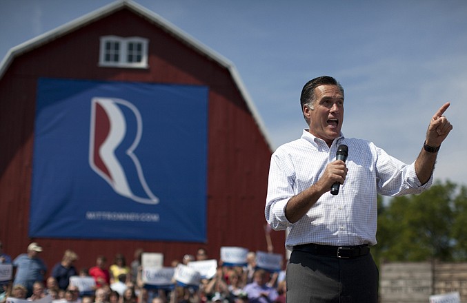 Republican presidential candidate former Massachusetts Gov. Mitt Romney speaks during a campaign rally with vice presidential running mate Rep. Paul Ryan, R-Wis., on Friday in Commerce, Mich. 