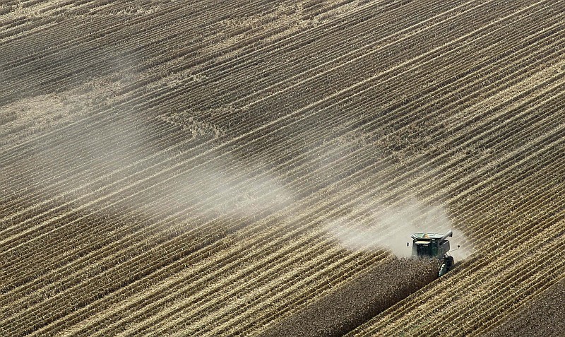 Dust is blown from behind a combine harvesting corn in a field near Coy, Ark., on Aug. 16. The remnants of Tropical Storm Isaac could ease but not eliminate drought conditions in Arkansas, Missouri and Illinois by dropping 2 to 5 inches of rain.