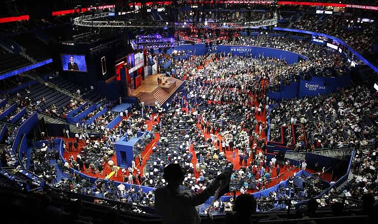 Delegates gather in the Tampa Bay Times Forum during the Republican National Convention in Tampa, Fla., on Tuesday, Aug. 28, 2012.
