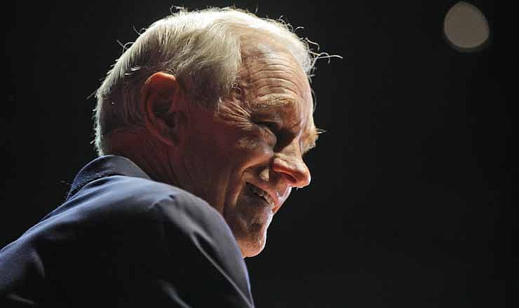 Rep. Ron Paul, R-Texas, speaks at a rally at the University of South Florida Sun Dome on the sidelines of the Republican National Convention in Tampa, Fla., on Sunday, Aug. 26, 2012. 