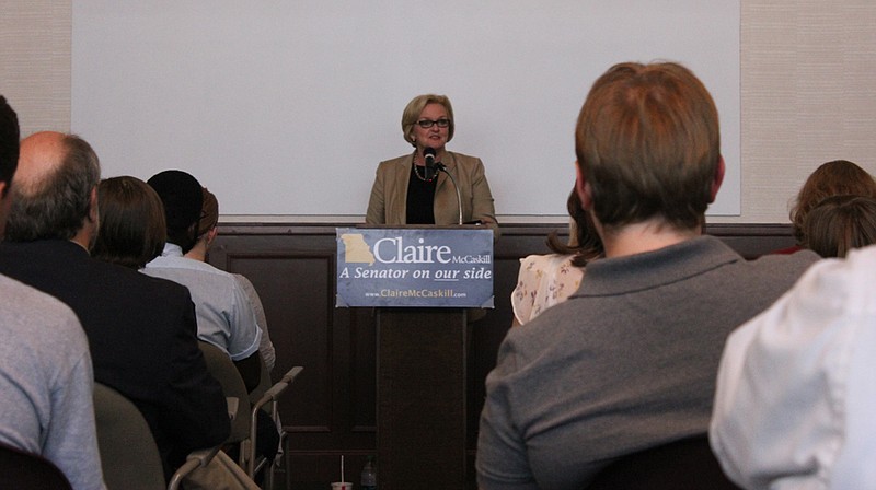 Sen. Claire McCaskill addresses a group of students, staff and community members at Westminster College in Fulton Tuesday as part of her "On Our Campus, On Our Side" listening tour. McCaskill is touring college campuses statewide to discuss her support of federal student poans and Pell grants.