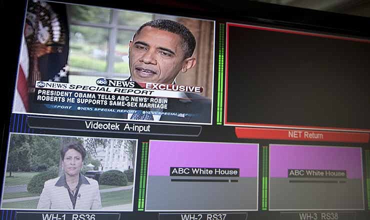 In this May 9, 2012, file photo President Barack Obama is seen on a White House television in Washington during an interview with ABC News where he said he supports gay marriage. Voters in this presidential election may face the starkest choice ever on the hot-button social issues of same-sex marriage, abortion rights and access to birth control.