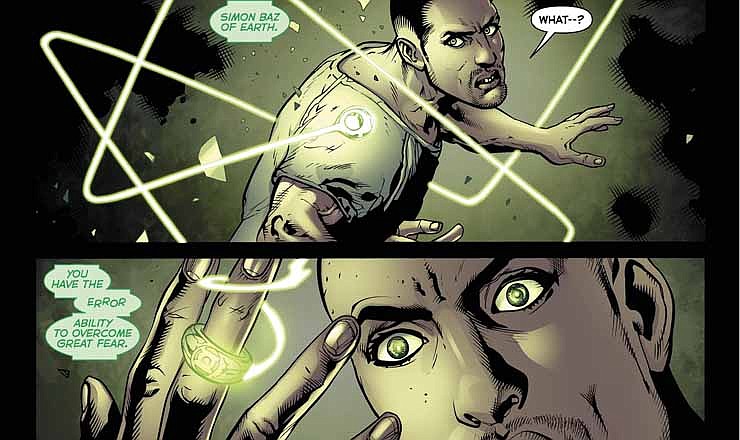 This image provided by DC Comics via Bender/Helper Impact shows interior panels of the November 2012 issue of the latest Green Lantern series featuring the character Simon Baz, DC Comics most prominent Arab-American superhero and the first to wear a Green Lantern ring. The character and creator share Lebanese ancestry and hail from the Detroit area, which boasts one of the largest and oldest Arab communities in the United States.