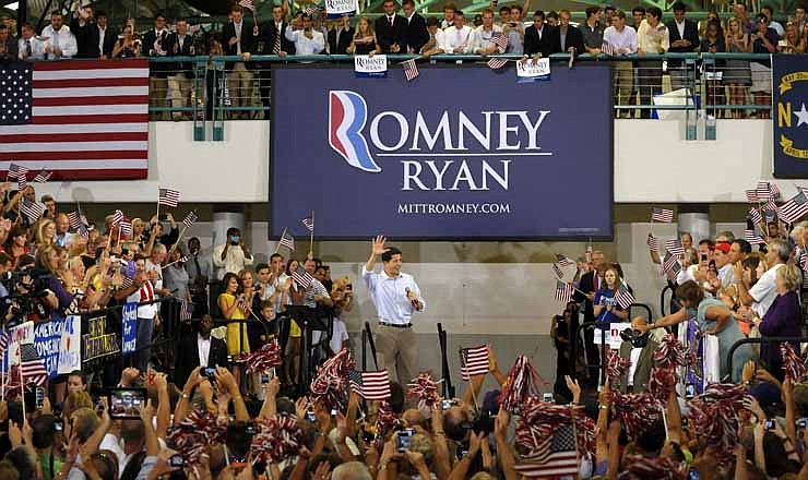 Republican vice presidential candidate, Rep. Paul Ryan, R-Wis., is welcomed after entering a campaign event at East Carolina University, Monday, Sept. 3, 2012, in Greenville, N.C.