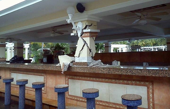 A bar is damaged inside the Hotel Riu after an earthquake Wednesday in Guanacaste, Costa Rica. A powerful, magnitude-7.6 earthquake shook Costa Rica and a wide swath of Central America on Wednesday.