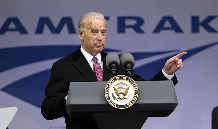 In this March 13, 2009 file photo, Democratic Vice President Joe Biden announces funding for Amtrak, at Union Station in Washington. The platform Republicans adopted at their 2012 convention includes a call for full privatization and an end to subsidies for the nation's passenger rail operator, which gobbled up almost $1.5 billion in federal funds last year. 