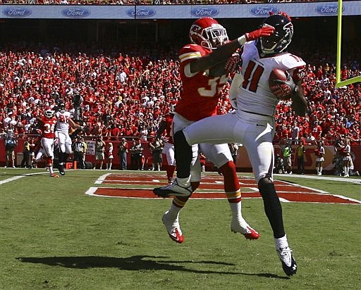 Falcons wide receiver Julio Jones catches a touchdown pass while covered by Chiefs cornerback Jacques Reeves during Sunday's game at Arrowhead Stadium. Reeves was playing in place of the injured Brandon Flowers.