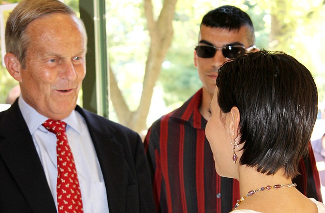 U.S. Rep Todd Akin, Republican candidate for the U.S. Senate, is greeted by two members of College Republicans during his visit Tuesday at Westminster College in Fulton.