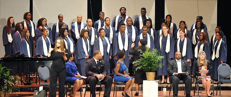 Under the direction of Michelle Gamblin-Green, the Lincoln University Choir sings "Cert'nly Lord, Cert'nly Lord" during convocation ceremonies Thursday in Robert and Charlene Mitchell Auditorium. 