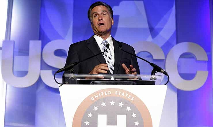 Republican presidential candidate and former Massachusetts Gov. Mitt Romney addresses the U.S. Hispanic Chamber of Commerce in Los Angeles, Monday, Sept. 17, 2012. 