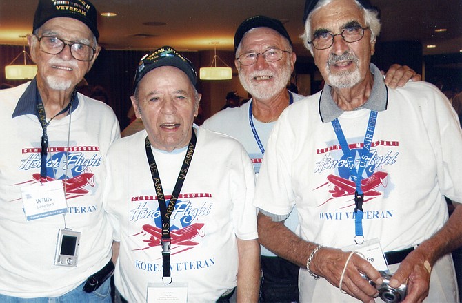 From left, Willis Langford, WWII; Korea veteran Bob Kettler, Korea; David Talken, guardian; and Charlie Palmer, WWII veteran, took part in the 20th Central Missouri Honor Flight. (September 2012 photo)