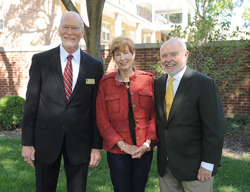 Westminster professor Cliff Cain (left) was named as the first Harrod-C. S. Lewis Professor of Religious Studies Tuesday during the opening day of the Westminster Symposium. The professorship was started by Sharon and Jim Harrod (center and right) as a way to give back to the university and "preserve faith as a viable part of academic life."
