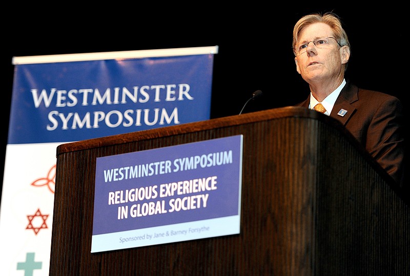 Westminster College President Barney Forsyth welcomes the crowd to the opening session of the 2012 Westminster Symposium, Religious Experience in Global Society. The symposium continues today, with full schedule and a live broadcast of the main speakers available on the Westminster website at www.westminster-mo.edu.