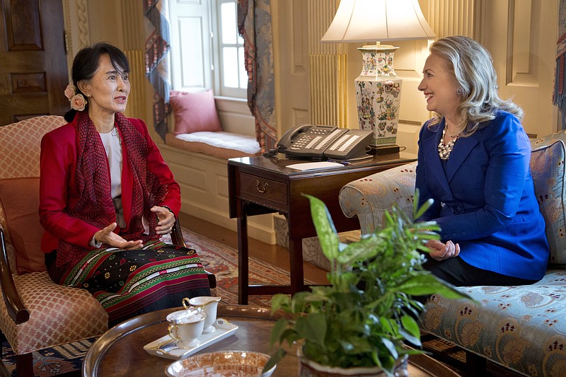 Secretary of State Hillary Rodham Clinton, right, meets with Myanmar democracy leader Aung San Suu Kyi at the State Department on Tuesday in Washington.