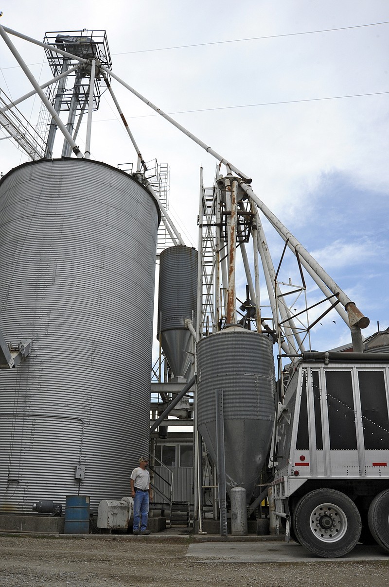 Assistant Manager Ben Steinman waits for Bob Frank to position his truck as they prepare to load the truck with soybeans from the silos on Friday at the Jefferson City MFA.