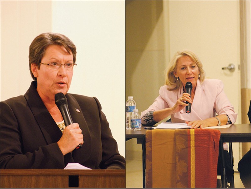 Pam Murray (left) and Jeanie Riddle (right) address questions Monday night during the Kingdom of Callaway Chamber of Commerce candidates' forum in Holts Summit.