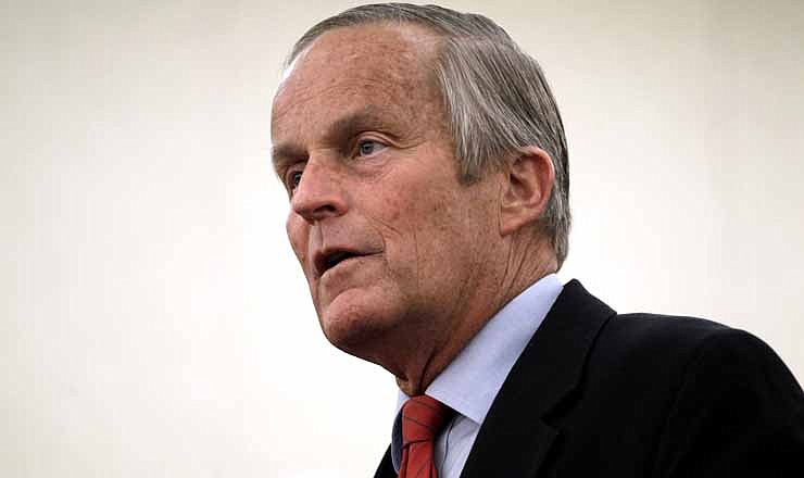 In this Sept. 25, 2012, photo, Missouri Republican Senate candidate, Rep. Todd Akin, R-Mo., speaks during a news conference at the start of a statewide bus tour in St. Louis. 
