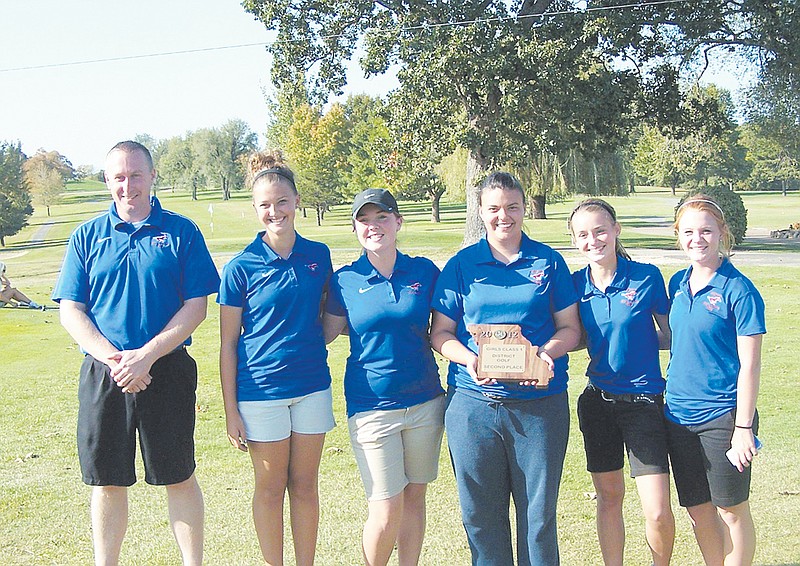 Celebrating California's second place finish at the Class 1 District 2 Girls Golf Tournament Oct. 2 at Dogwood Hills Golf Resort at Osage Beach, from left, are California Head Golf Coach Lance Conner, Becca Hamilton, Rylee Glenn, Ellie Hamilton, Renee Roberts and Haley Goans. The Lady Pintos advanced to Class 1 Sectionals as a team, and Ellie, Rylee and Haley earned All-District honors.