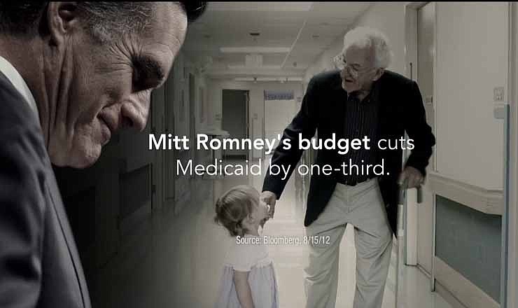 This image provided by the Obama For America campaign shows a still frame made from a video ad entitled "Only Choice" which negatively characterizes Mitt Romney's proposals for Medicare. One analysis estimates the campaigns and independent groups will have spent about $1.1 billion on television advertising this year, with $750 million already allocated in states likely to determine the outcome of the presidential contest. 