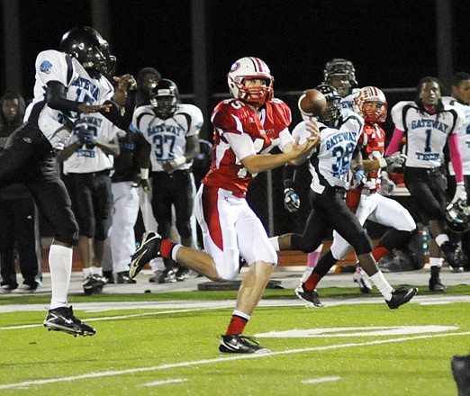 Scott Stegeman of the Jays makes a catch that resulted in a touchdown during a game against Gateway Tech earlier this season at Adkins Stadium.