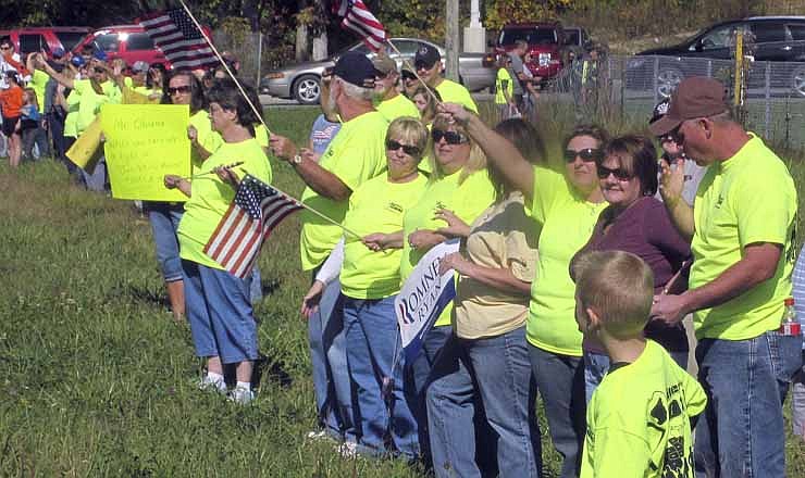 In a Saturday Oct. 13, 2012 photo, hundreds congregated along U.S. 23 from Big Stone Gap to Pound and into Kentucky in support of coal miners and the mining industry.