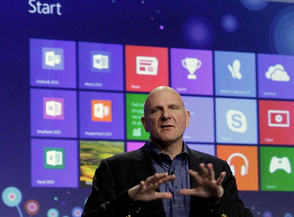 Microsoft CEO Steve Ballmer gives his presentation Thursday at the launch of Microsoft Windows 8, in New York. Windows 8 is the most dramatic overhaul of the personal computer market's dominant operating system in 17 years. 