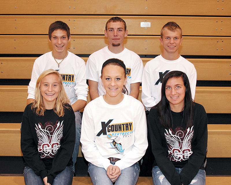 Six members of the California High School varsity cross country team were among the top 15 individual finishers at the Class 2 District 4 Meet at Linn Saturday to earn All-District honors. Front row, from left, are Lizzy Kirby, Katie Imhoff and Leah Korenberg; back row, Adam Burkett, Zach Merrill and Dakota Harris. 