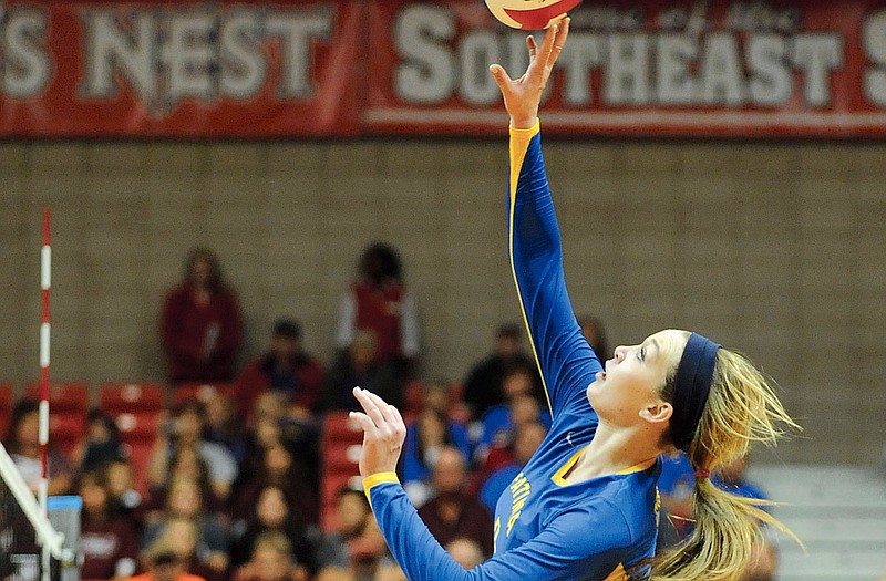 Fatima middle hitter JoAnna Muenks hits an attack during the Lady Comets' win Friday against Mountain Grove at the Class 2 Volleyball Final Four in Cape Girardeau.