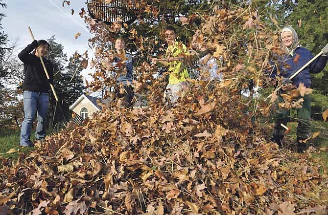 Jefferson City High School students, from left, Victoria Chen, George Tharp, Steve Vogel, Greg Treiman and Brighid Mohlman rake leaves down a hillside as they try to get them to a tarp on the street. They are members of the JCHS Ambassadors Club, working to earn money for projects.