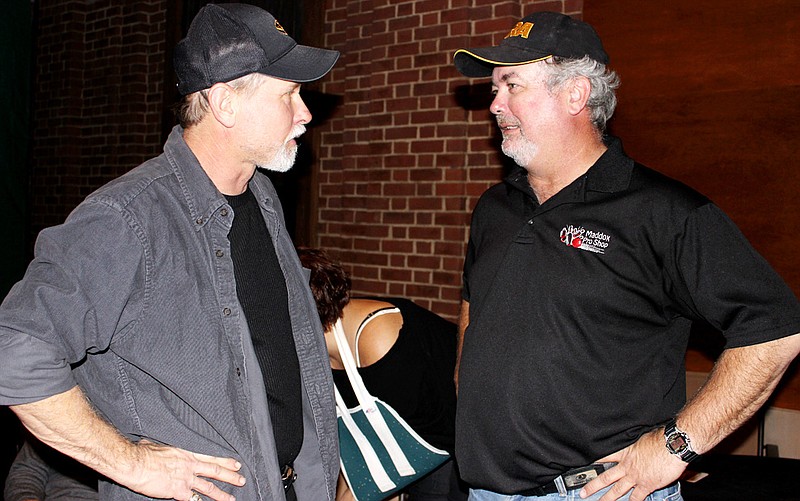 Randall L. Kleindienst, right, discusses his victory for Eastern District Callaway County Commissioner with a relative, Mike Leipard of Columbia during the Republican election watch Tuesday night in Fulton. Kleindienst defeated Democrat challenger Bryant Liddle.