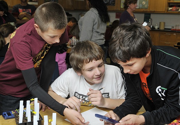 Michael Skinner, left, Andy Trill and Nick Ryan try to figure the growth average as Lewis and Clark Middle School seventh-grade students measure the height and count leaves on their plants. As a science experiment, the group planted multiple seeds and marked them and have spent the past few weeks watching them. 