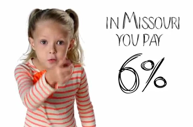 A TV advertisement debuting in November 2012 in Missouri features a girl asking how the state will respond to tax cuts taking effect in 2013 in neighboring Kansas, highlighting the most recent round in an economic development competition between the neighboring states. The ad was sponsored by a group calling itself Save Missouri Jobs. (Video screenshot of ad)

