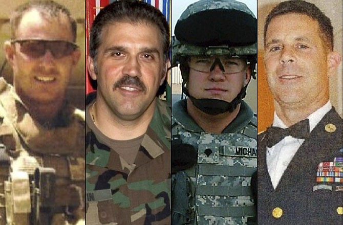 This combination of undated family photos provided by the Show of Support, Hunt for Heroes committee show, from left: Sgt. Maj. Gary Stouffer, 37; Sgt. Maj. Lawrence Boivin, 47; Army Sgt. Joshua Michael, 34, and Sgt. Maj. William Lubbers, 43, four veterans killed when a parade float they were riding on was struck by a freight train at a crossing Thursday, Nov. 15, 2012, in Midland, Texas. 