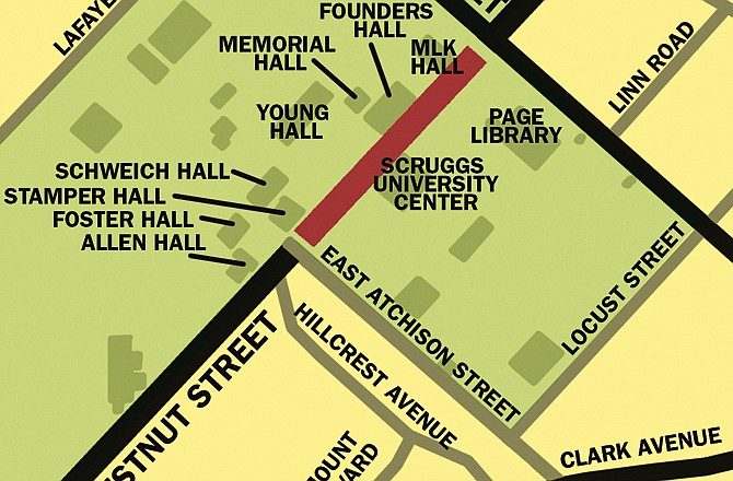 The red line on the Lincoln University campus map above indicates the portion of Chestnut Street between Atchison and Dunklin streets which Jefferson City officials are considering to vacate.