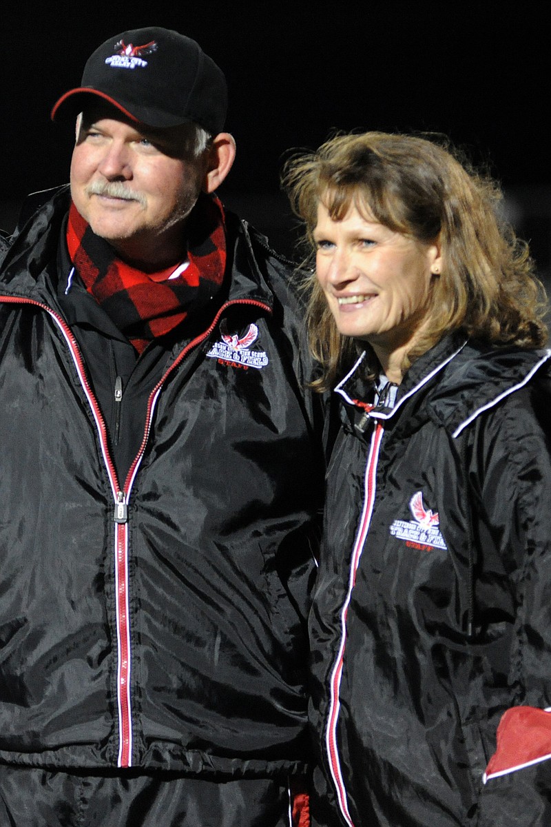 Former Jefferson City track and field coaches Dennis and Roberta Licklider attend a ceremony to dedicate the track at Adkins Stadium in their names Oct. 23, 2009.