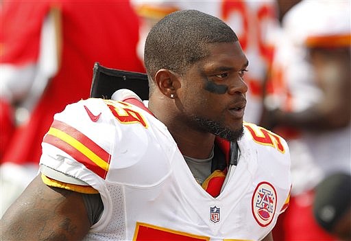 In this Sept. 16, 2012, file photo, Kansas City Chiefs' Jovan Belcher (59) stands on the sidelines during an NFL football game against the Buffalo Bills in Orchard Park, N.Y. Police say Belcher fatally shot his girlfriend early Saturday, Dec. 1, 2012, in Kansas City, Mo., then drove to Arrowhead Stadium and committed suicide in front of his coach and general manager.