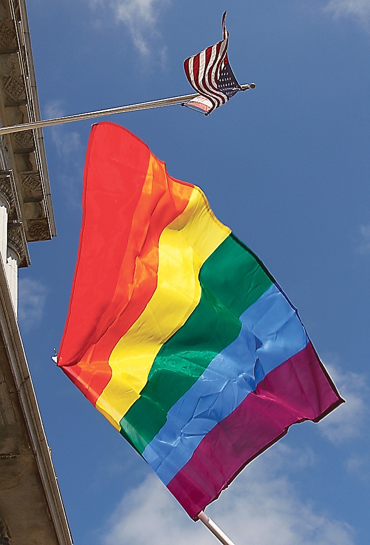 A rainbow flag flies below the American flag outside City Hall in San Francisco. The U.S. Supreme Court has decided  California's measure that banned same sex marriages.