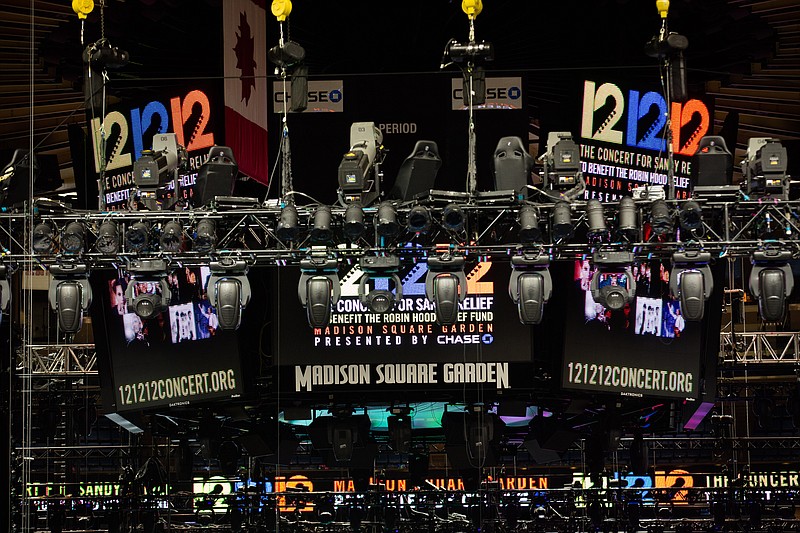 Signage for the "12-12-12" concert is displayed on the Madison Square Garden jumbotron, Tuesday in New York. Today's concert, whose proceeds will aid victims of Superstorm Sandy, will feature artists Bon Jovi, Eric Clapton, Dave Grohl, Billy Joel, Alicia Keys, Chris Martin, The Rolling Stones, Bruce Springsteen & the E Street Band, Eddie Vedder, Roger Waters, Kanye West, The Who and Paul McCartney.