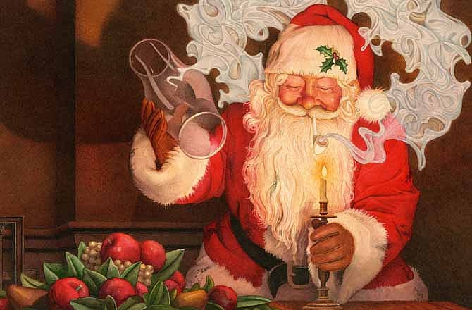 This illustration released by Applesauce Press shows an image of Santa Claus smoking a pipe from the book, "The Night Before Christmas," illustrated by Charles Santore. A new book version of "Twas the Night Before Christmas" has been released that eliminates all references to a smoking Santa. Santore's version keeps the traditional lines from the 189-year-old holiday poem by Clement C. Moore. 