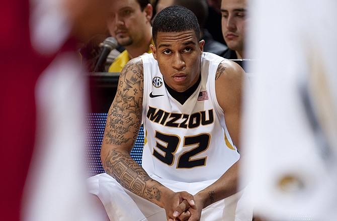 Jabari Brown waits to enter the game for the first time as a Missouri Tiger on Monday night at Mizzou Arena.