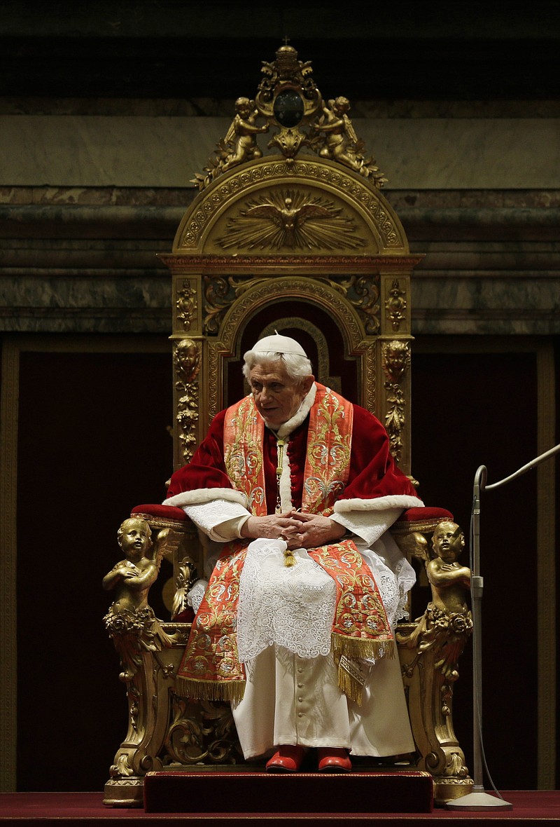 Pope Benedict XVI delivers his message Friday on the occasion of the exchange of Christmas greetings with the Roman curia, in the Clementine hall at Vatican.